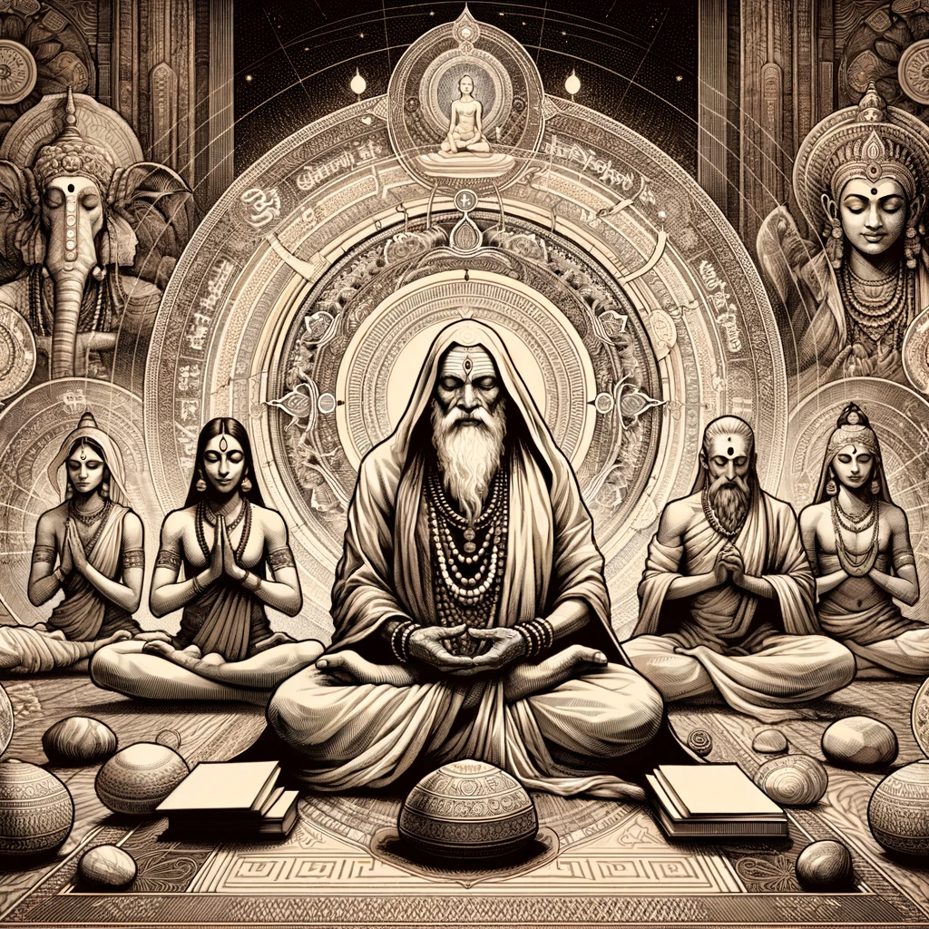 Ancient Indian sages in meditation, surrounded by the essence of the Vedas, embodying the spiritual origins of yoga.